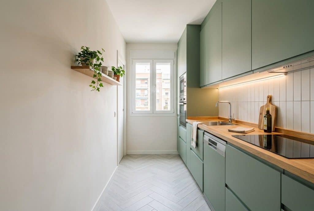 Cocina pequeña lineal de 5 metros cuadrados reformada con muebles a medida hasta el techo y encimera de madera