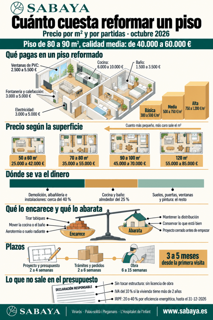 Infografía de cuánto cuesta reformar un piso: precio por m², por superficie y por partidas, plazos, permisos, IVA y deducción del IRPF