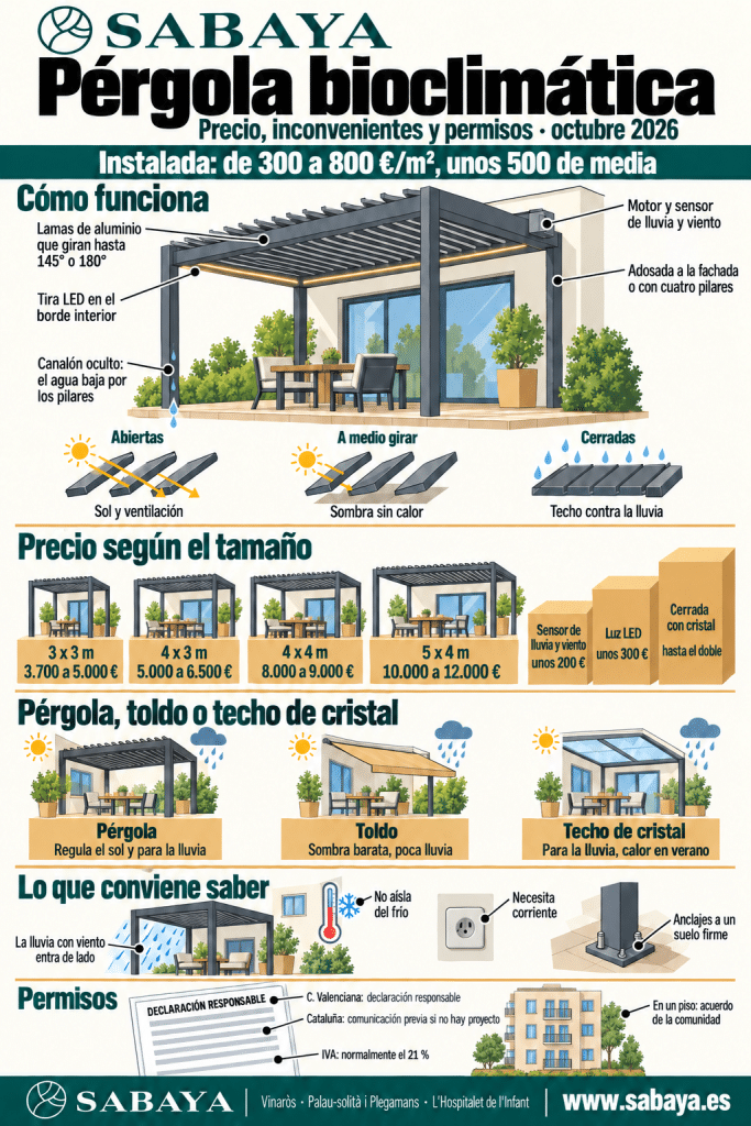 Infografía de la pérgola bioclimática: cómo funcionan las lamas, precio según el tamaño, comparación con toldo y techo de cristal, inconvenientes y permisos