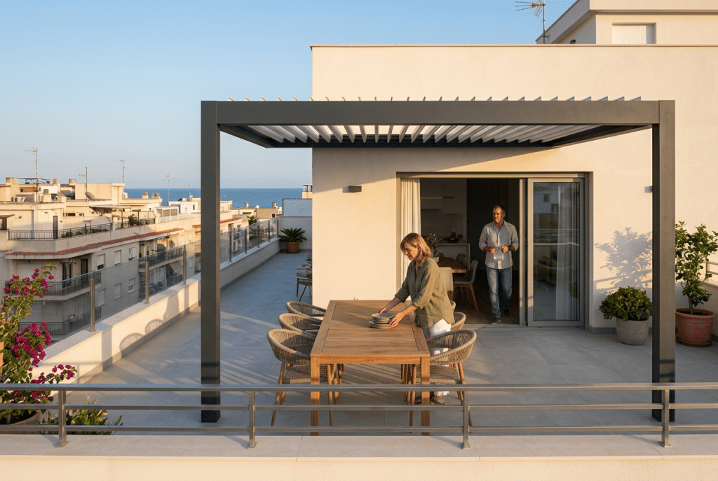 Pérgola bioclimática adosada en la terraza de un ático junto al mar, con las lamas orientables a medio girar sobre una mesa preparada para cenar