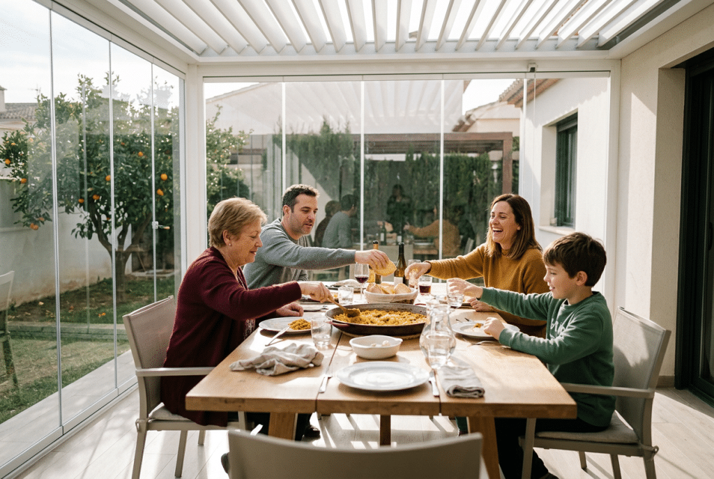 Familia comiendo en invierno bajo una pérgola bioclimática cerrada con cortinas de cristal, con el sol bajo entrando por el frente y el jardín al fondo