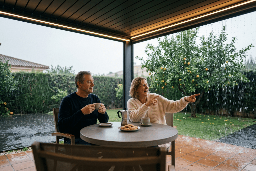 Pareja tomando café bajo una pérgola bioclimática con las lamas cerradas mientras llueve, con la tira LED encendida y la lluvia cayendo por los lados