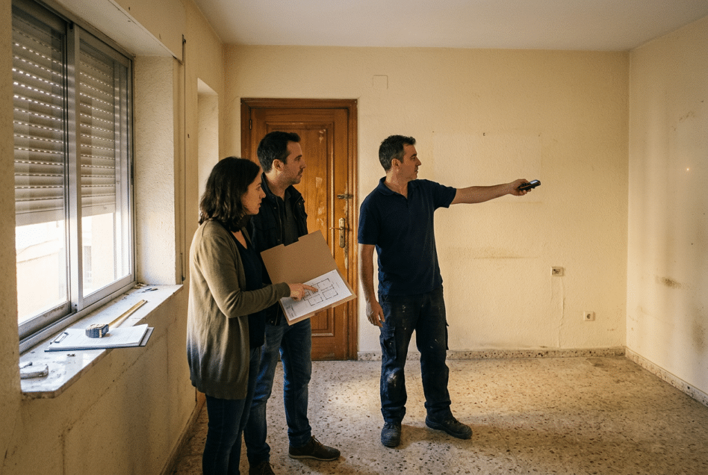 Técnico de una empresa de reformas midiendo un piso vacío con un medidor láser junto a una pareja que revisa el plano antes de la reforma
