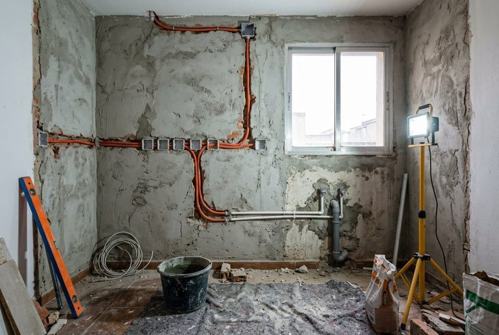 Cocina antigua en obras durante una reforma, con los muebles retirados, rozas en la pared y las nuevas tomas de agua y electricidad