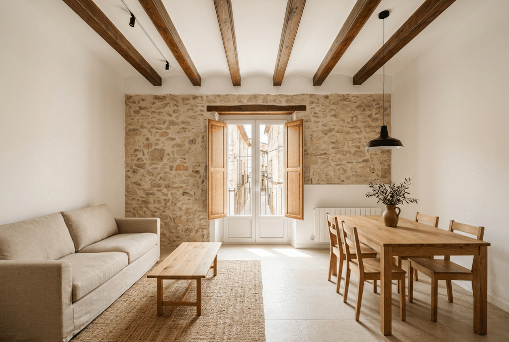 Salón de una casa de pueblo reformada, con las vigas de madera originales restauradas, un muro de piedra visto y suelo porcelánico claro
