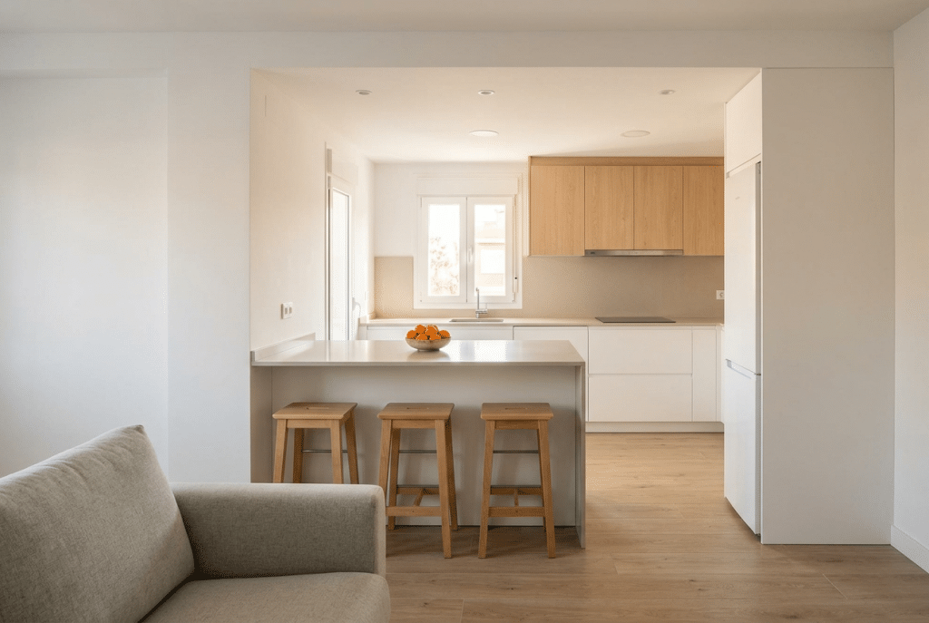 Cocina abierta al salón en un piso reformado, después de tirar un tabique que no era de carga, con península y muebles blancos y madera