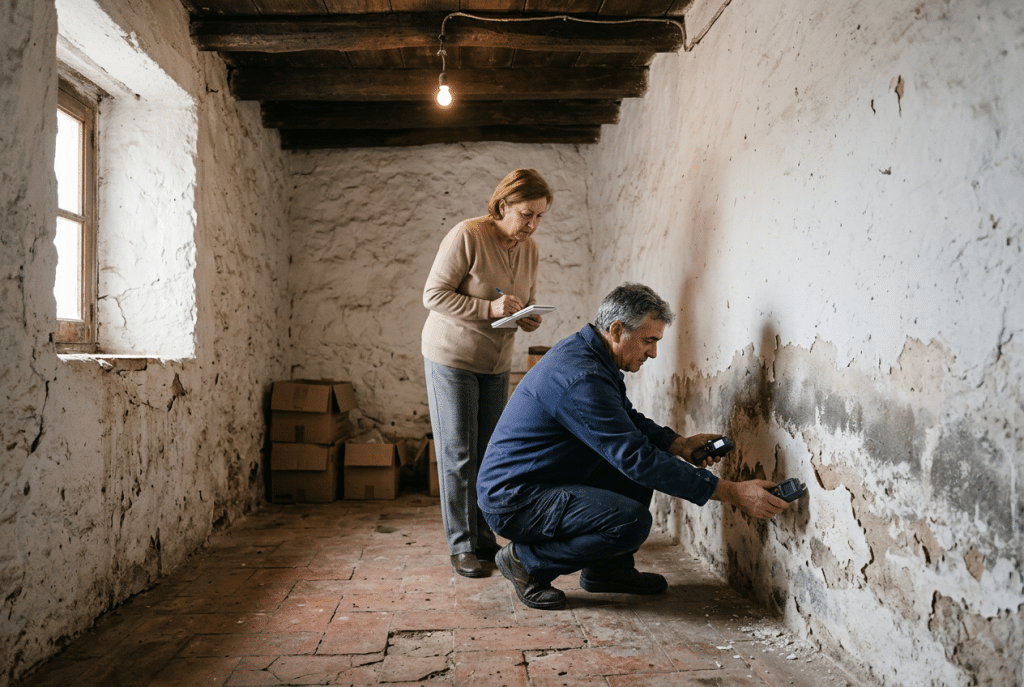 Técnico midiendo con un medidor de humedad la base de un muro de piedra en la planta baja de una casa antigua antes de la reforma